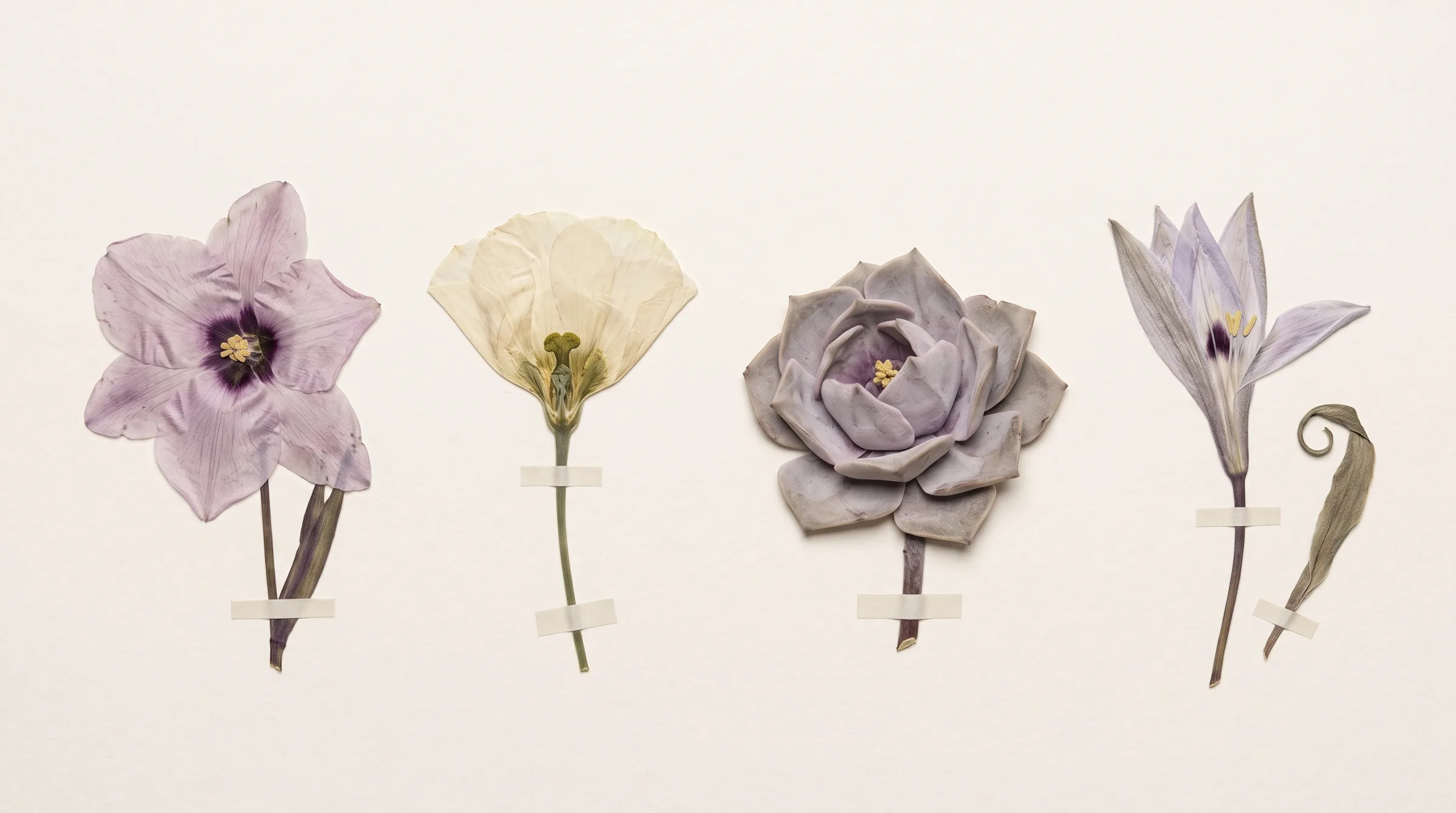 Planche d’herbier : les quatre fleurs de la collection, pressées et séchées sur un papier ivoire, maintenues par de fines bandes de papier.