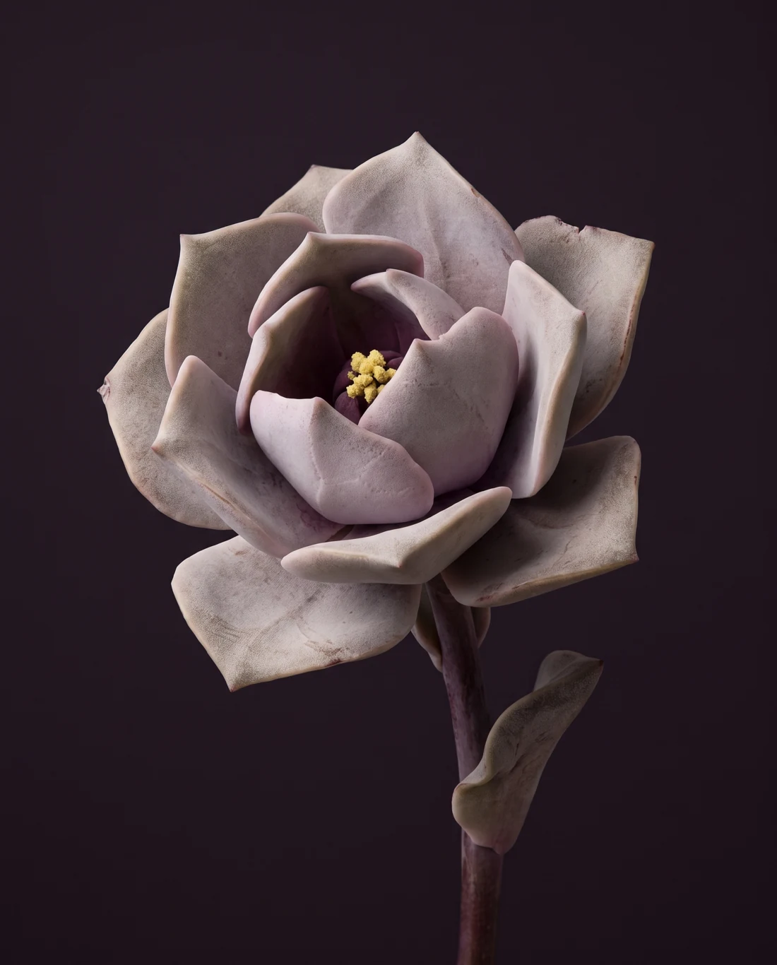 La Tellurique, rosette de pétales épais et anguleux à la texture minérale.